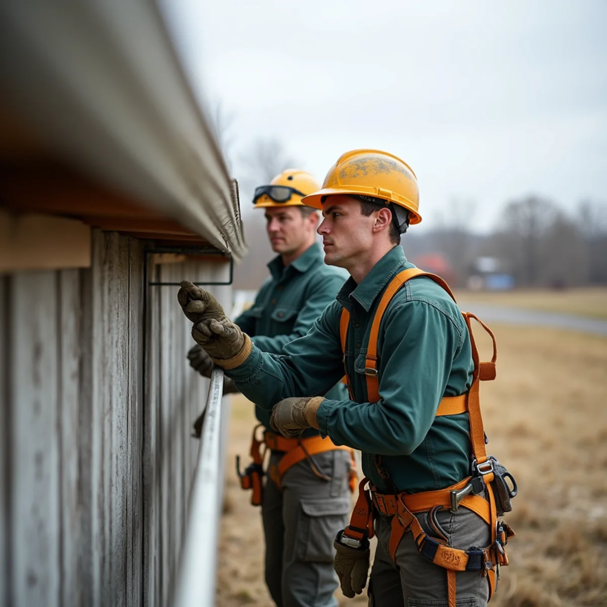 Crew mounting 6-inch seamless gutters on rural Stearns County agricultural pole building