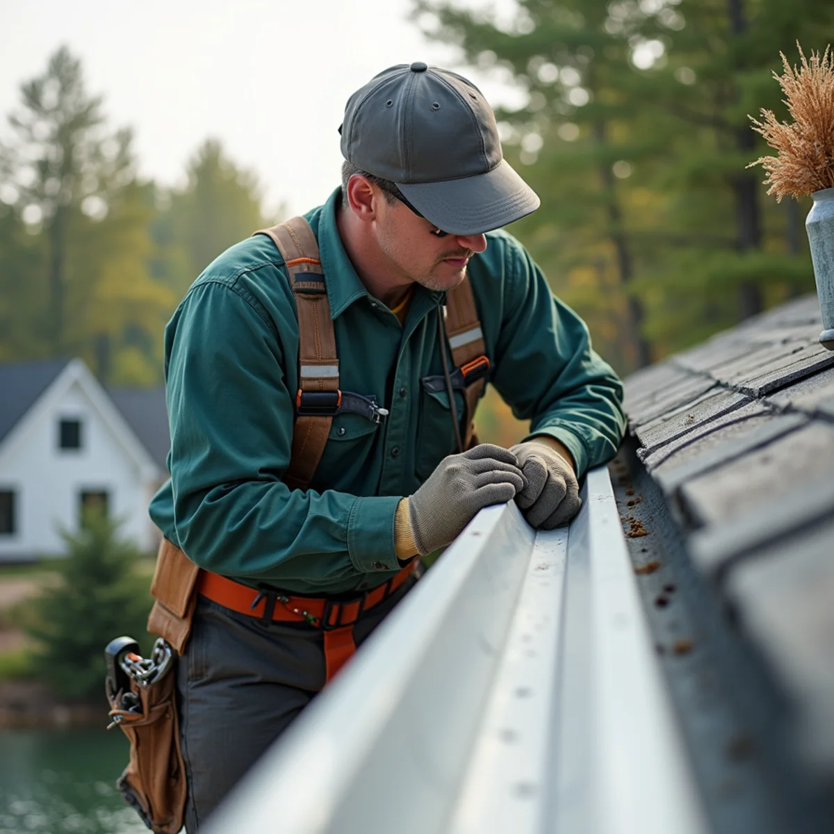 Seamless gutter system installed on multi-gable lakefront home in Stearns County