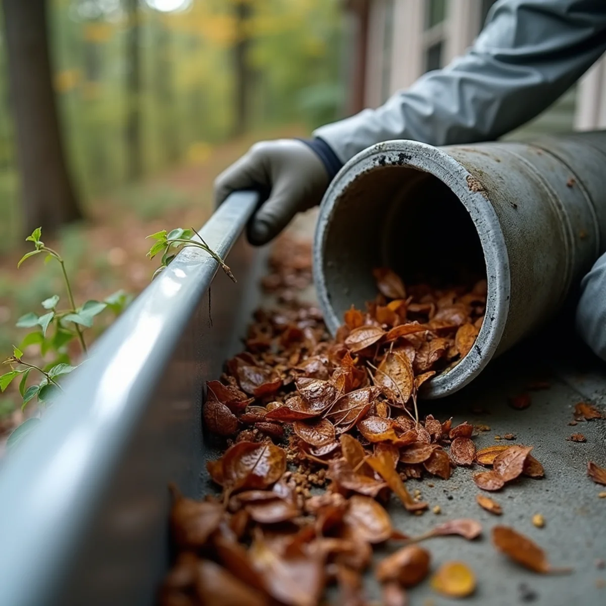 Downspout elbow packed solid with wet decomposing leaves creating water backup